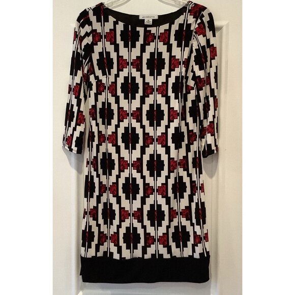 Liz Claiborne Dress Size XS Multicolored Black White Red Sheath 3/4 Sleeves - Picture 1 of 9
